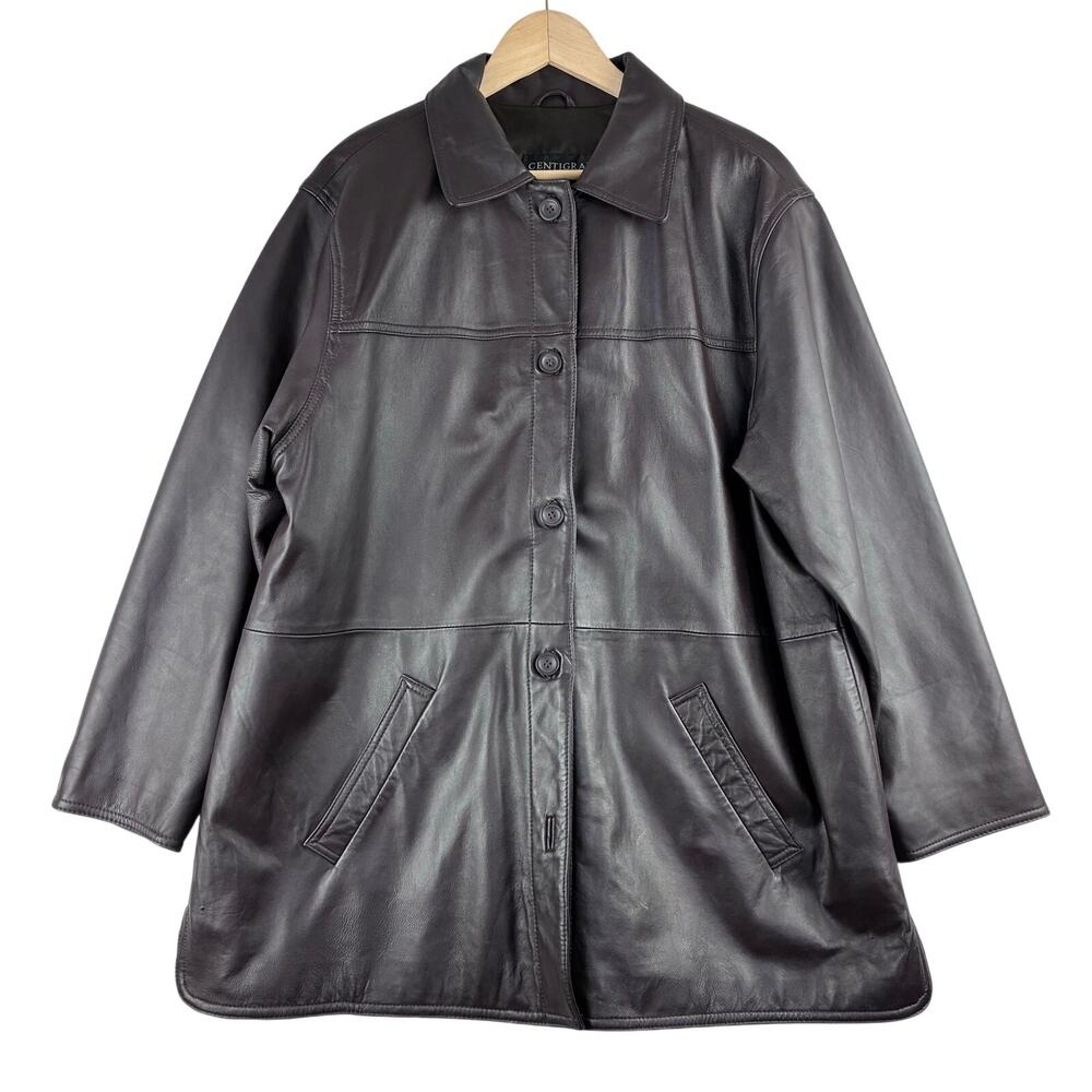 90 Y2K Centigrade Dark Brown Leather Jacket Women 1X Mid Length Satin Lined READ